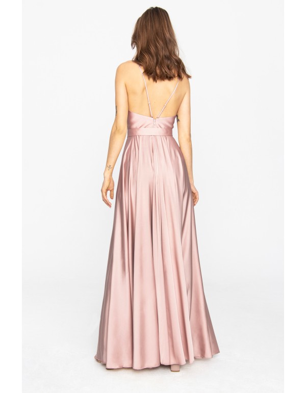 Long satin dusty pink party dress with flounce 2