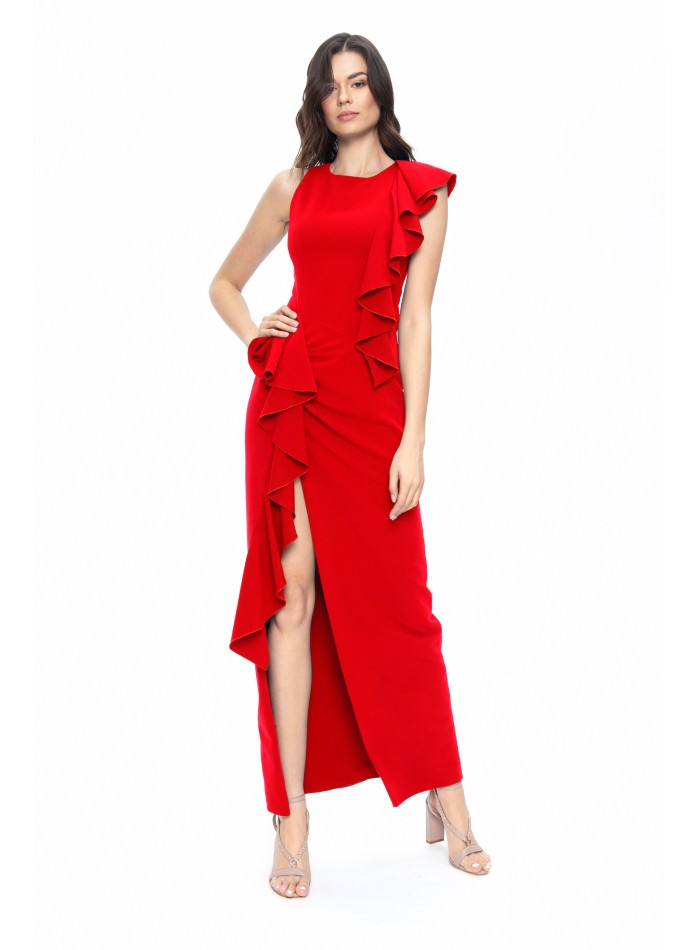 Long red dress with asymmetrical flounces and slit