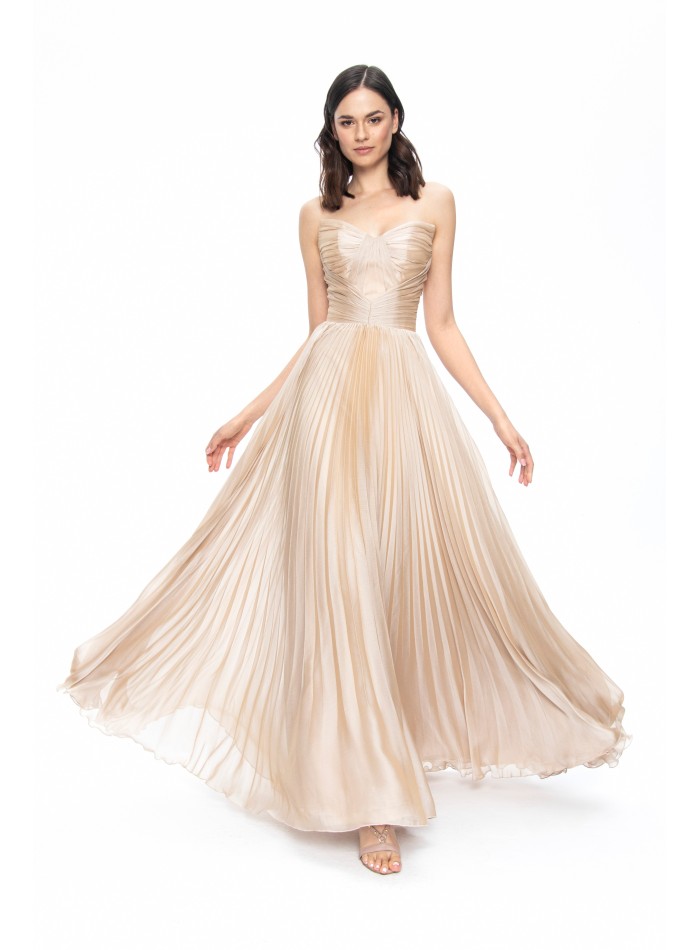 Beige satin pleated strapless ball gown in beige satin