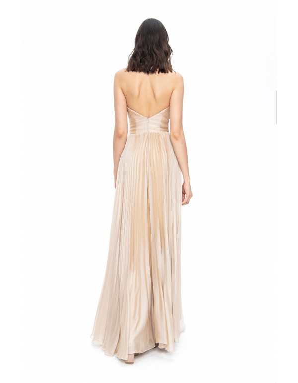 Beige satin pleated strapless ball gown in beige satin 2