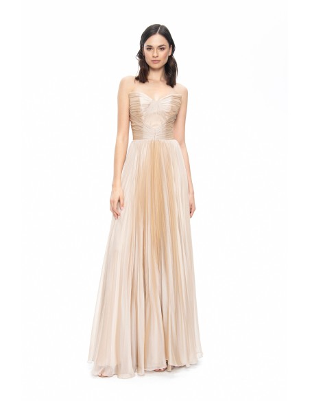 Vestido de fiesta palabra de honor plisado en satén beige