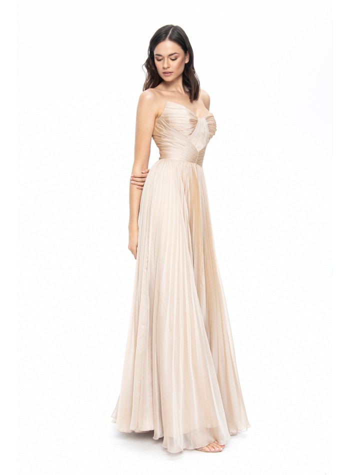 Beige satin pleated strapless ball gown in...