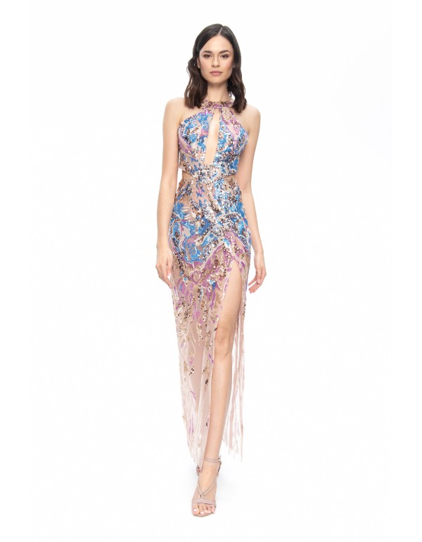 Long party dress with sequins and semitransparencies
