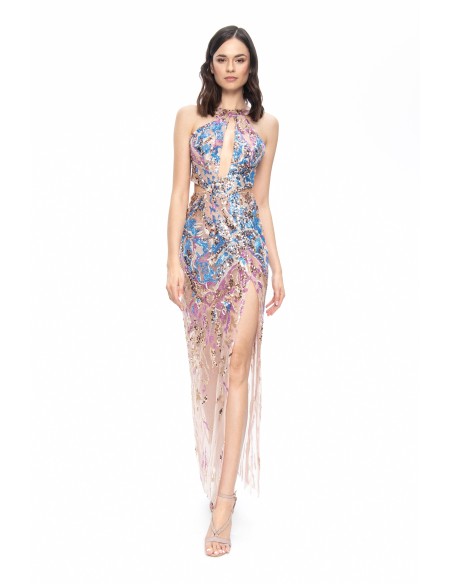 Vestido de fiesta largo con lentejuelas y semitransparencias