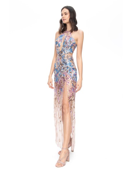 Vestido de fiesta largo con lentejuelas y semitransparencias