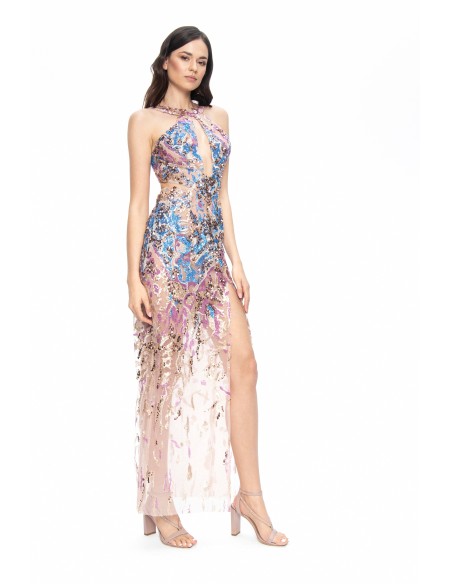 Vestido de fiesta largo con lentejuelas y semitransparencias