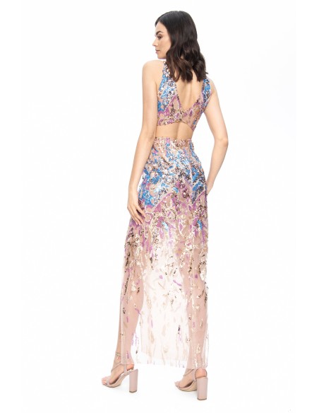 Vestido de fiesta largo con lentejuelas y semitransparencias
