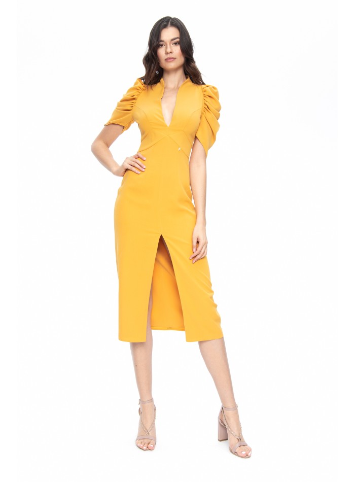 Mustard colored midi party dress with sleeves