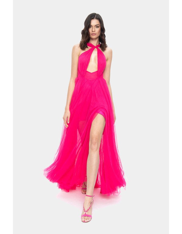 Fuchsia long dress with halter neckline and tulle skirt...