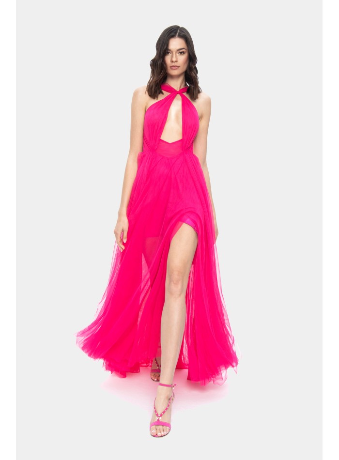 Fuchsia long dress with halter neckline and tulle skirt for guests