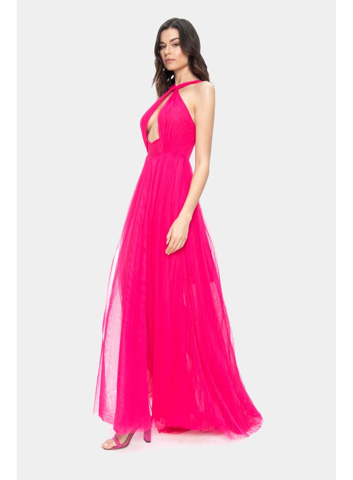 Fuchsia long dress with halter neckline and...