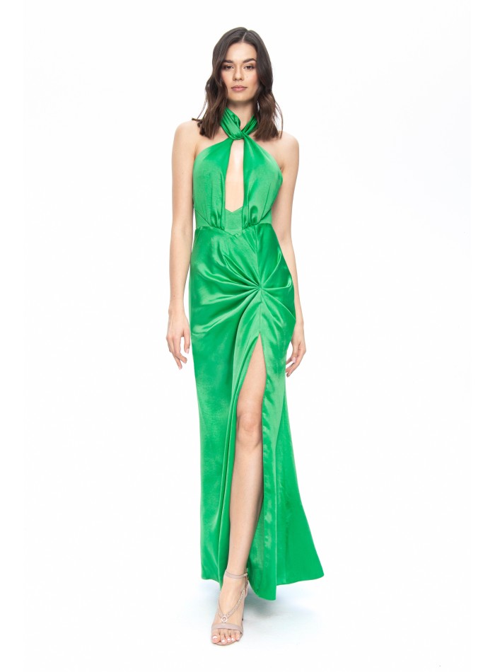 Emerald green long dress with halter neckline and slit for guests