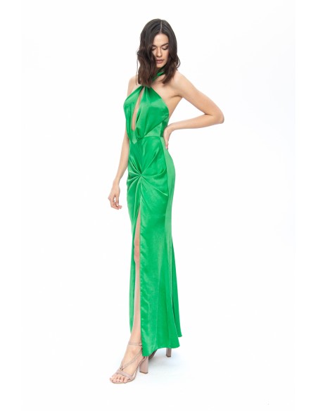 Robe longue vert émeraude avec encolure dos nu et fente pour les invités