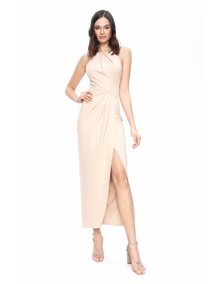 Beige midi dress with asymmetrical cut and halter neckline