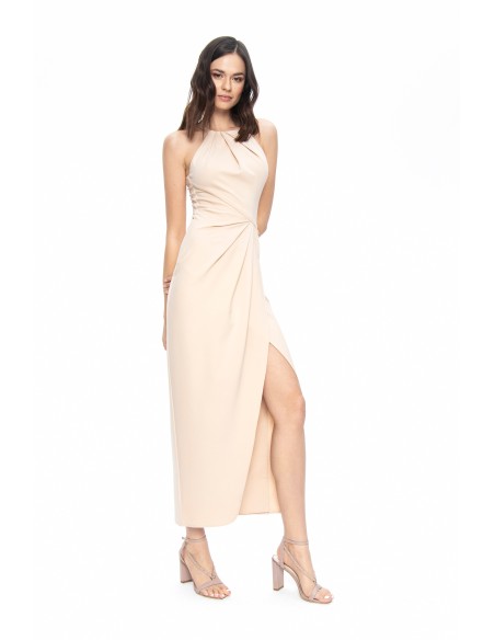 Beige midi dress with asymmetrical cut and halter neckline