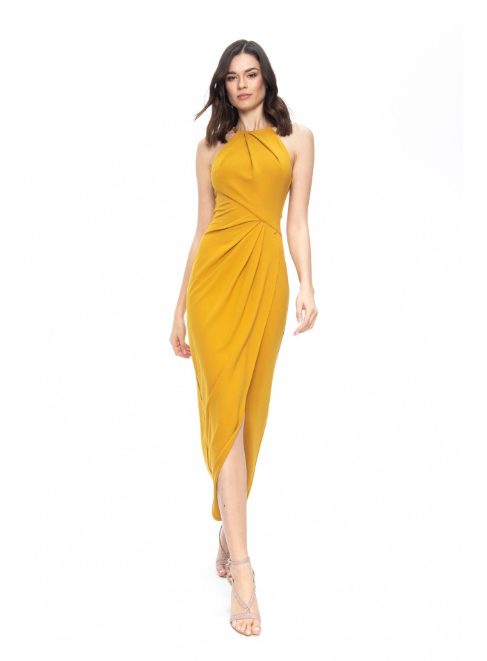 Mustard yellow midi dress with asymmetrical cut and halter neckline