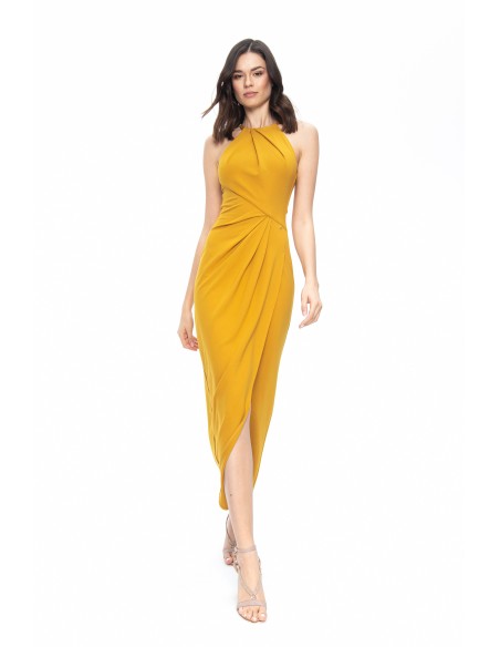 Mustard yellow midi dress with asymmetrical cut and halter neckline
