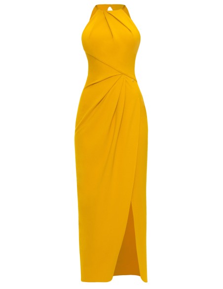 Mustard yellow midi dress with asymmetrical cut and halter neckline