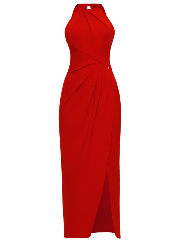 Vestido rojo drapeado con escote halter para...