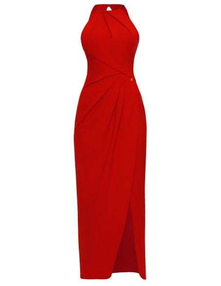 red draped halter neckline guest dress