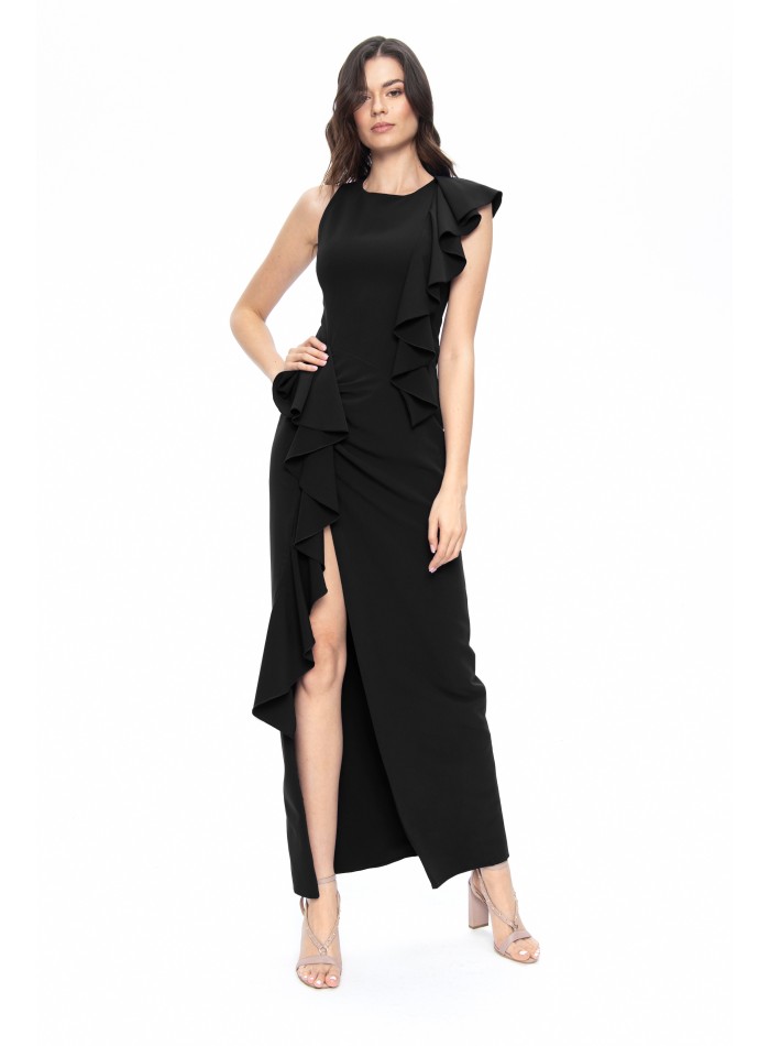 Black long dress with asymmetrical ruffles and slit