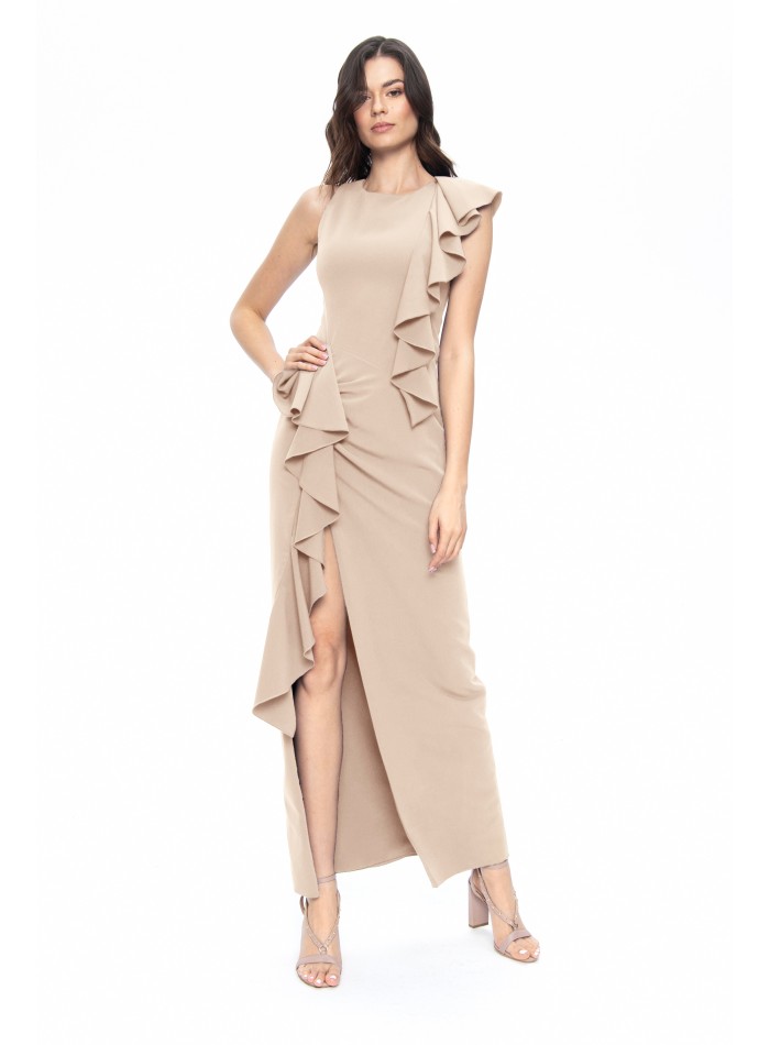 Beige long dress with asymmetrical ruffles and opening