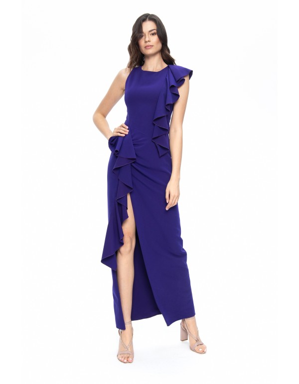 Blue long dress with asymmetrical ruffles and slit
