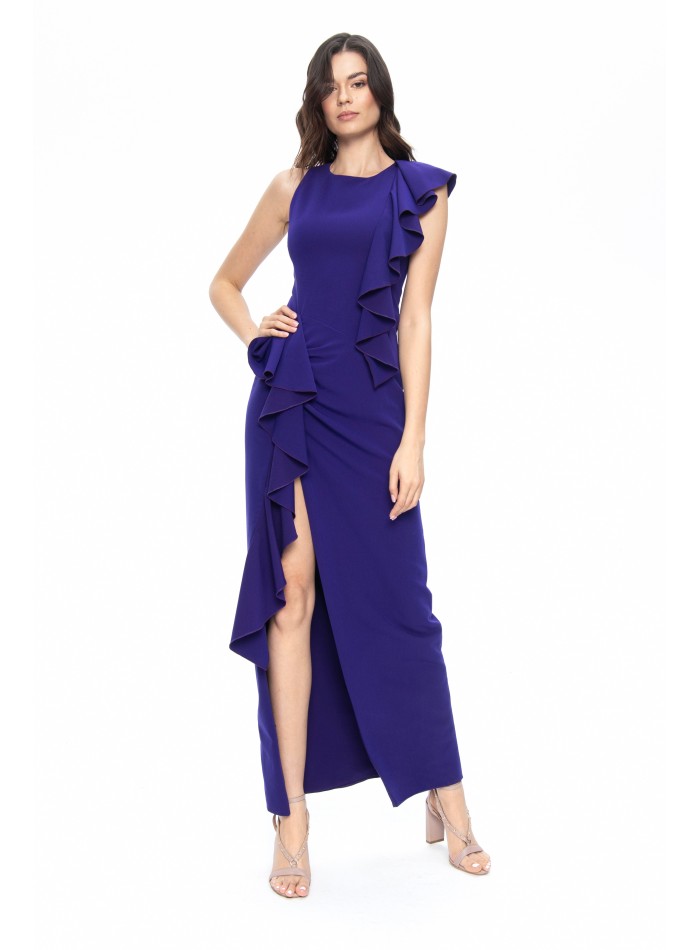 Blue long dress with asymmetrical ruffles and slit