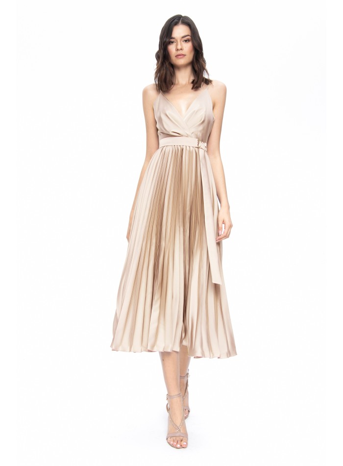 Beige satiny pleated midi dress