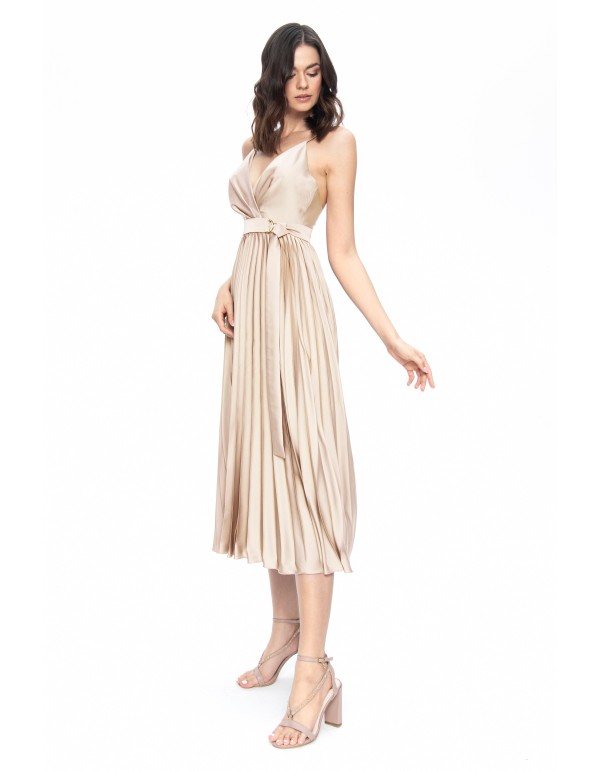 Vestido beige satinado de corte midi plisado y cinturón 2