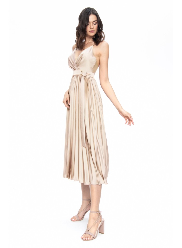 Beige satiny pleated midi dress