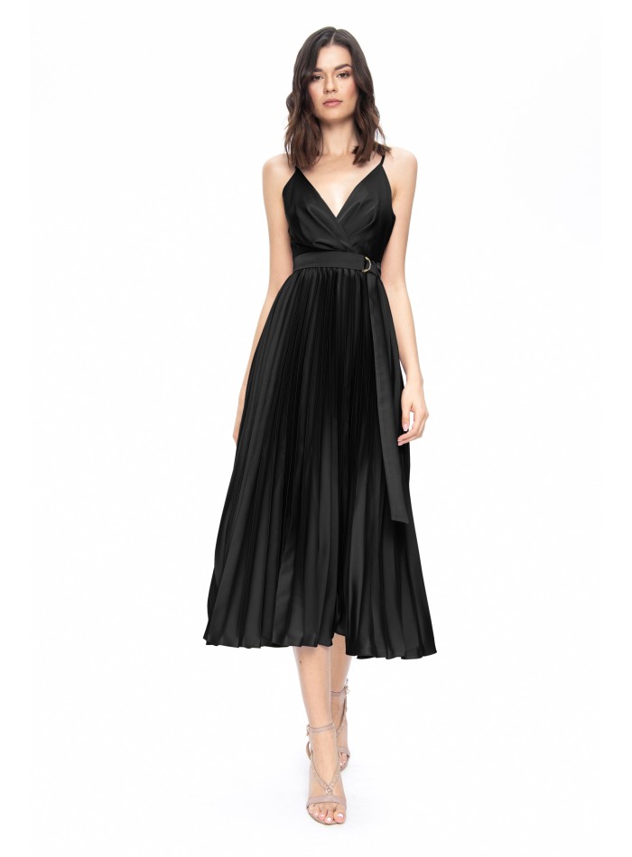 Black satin midi dress with pleated cut and belt