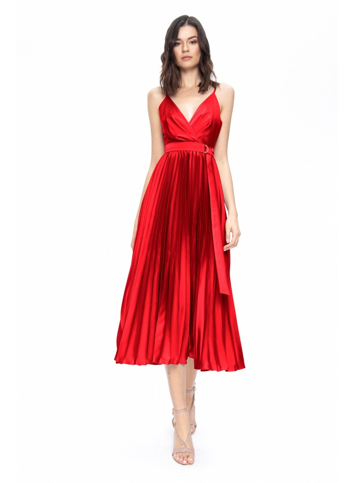 Red pleated midi dress with belt for guests