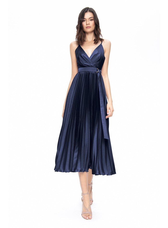 blue satin midi dress with pleats and belt for events