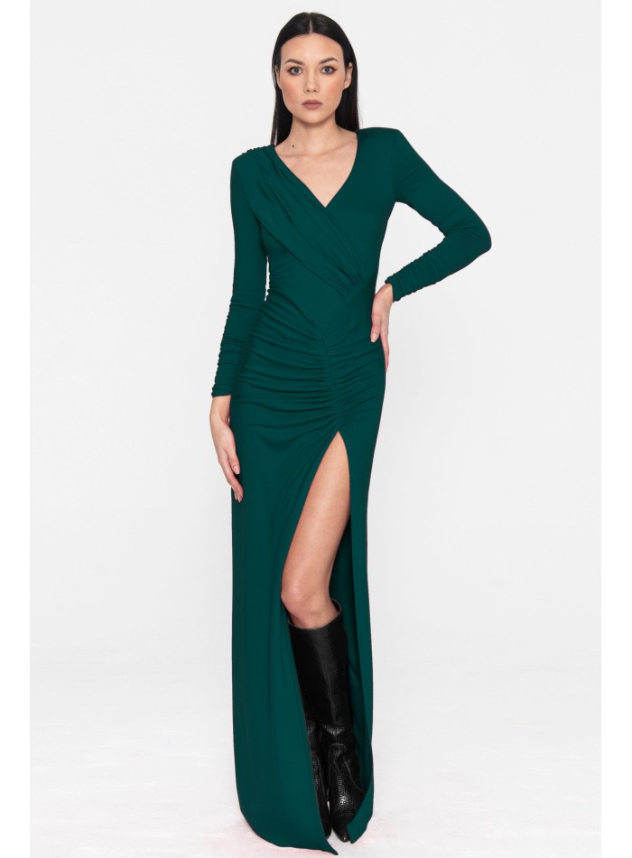 Robe longue de fête verte à manches longues avec une fente dans la Jupe