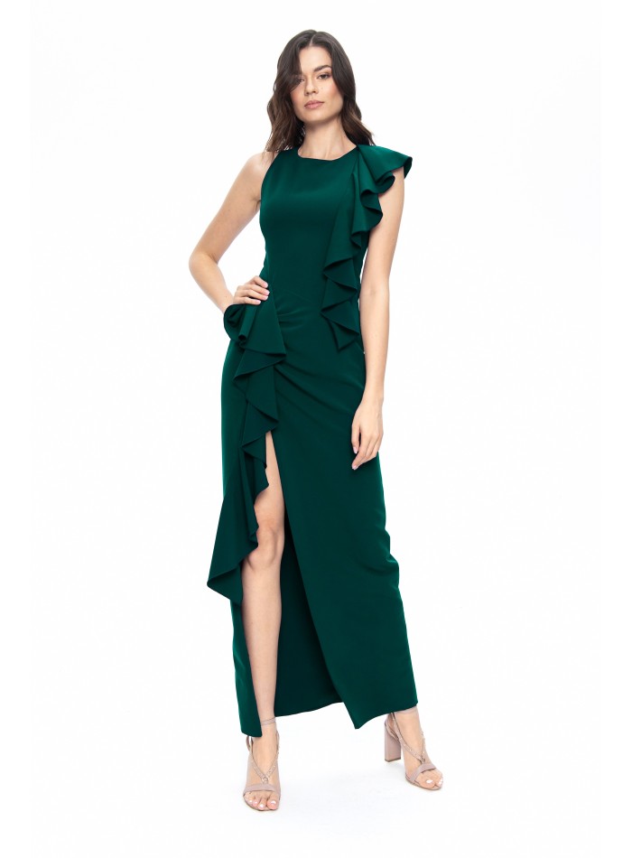 Robe longue de fête verte avec fente à volants