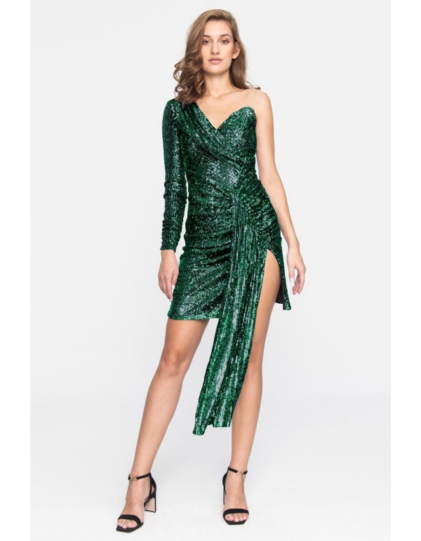 Asymmetrical short green mini dress with sequins