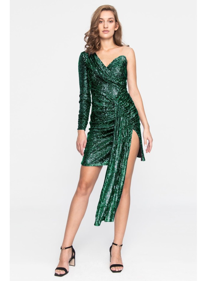 Robe courte asymétrique de fête verte avec paillettes et taille drapée