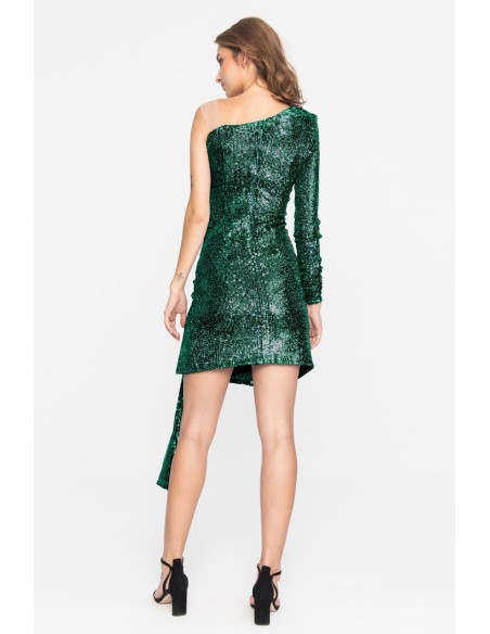 Robe courte asymétrique de fête verte avec paillettes et taille drapée