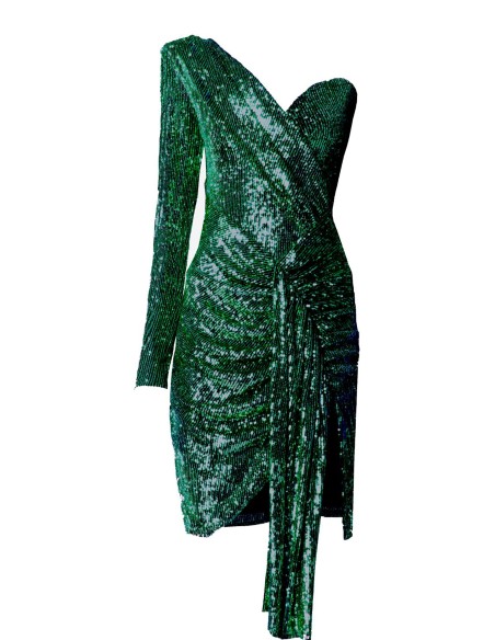 Robe courte asymétrique de fête verte avec paillettes et taille drapée