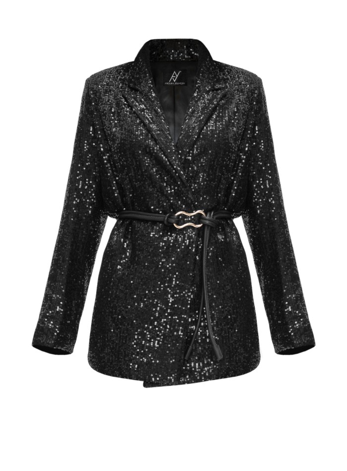 Blazer de fête noir avec des sequins et une Ceinture