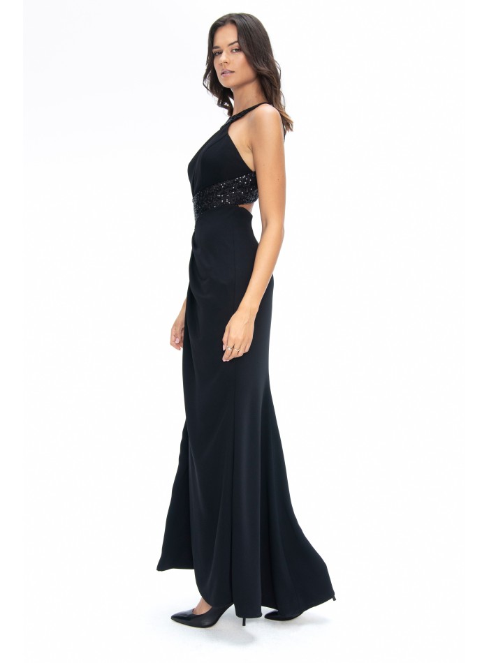 Robe longue noire en crêpe avec encolure dos nu...