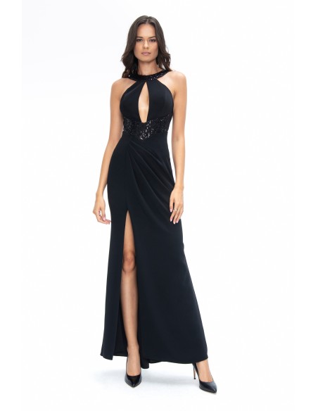 Robe longue noire en crêpe avec encolure dos nu et dos papillon