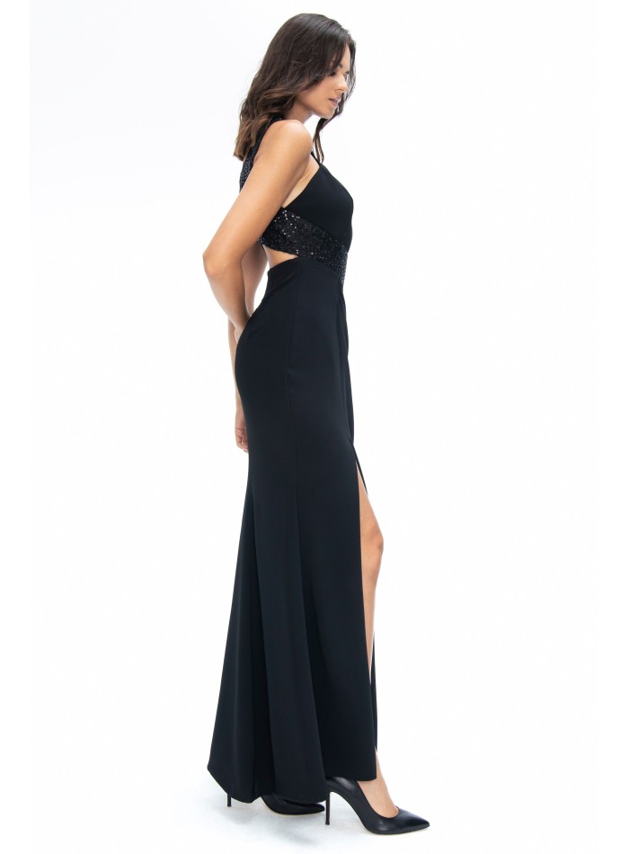 long black crepe crepe dress with halter...