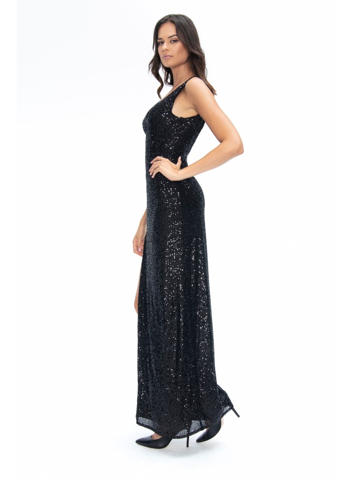 Black sequin slim fit dress with leg slit,...