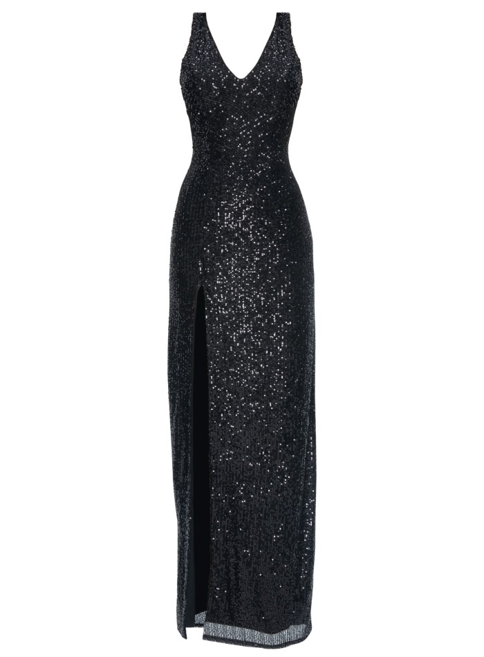 Black sequin slim fit dress with leg slit,...