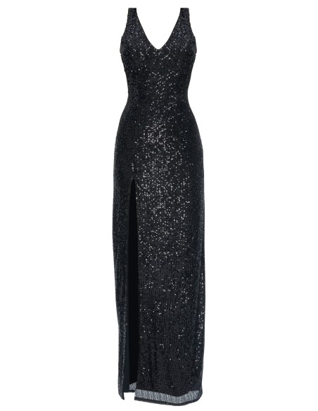 Robe noire moulante à sequins avec fente au niveau des jambes, décolleté en V et dos ouvert
