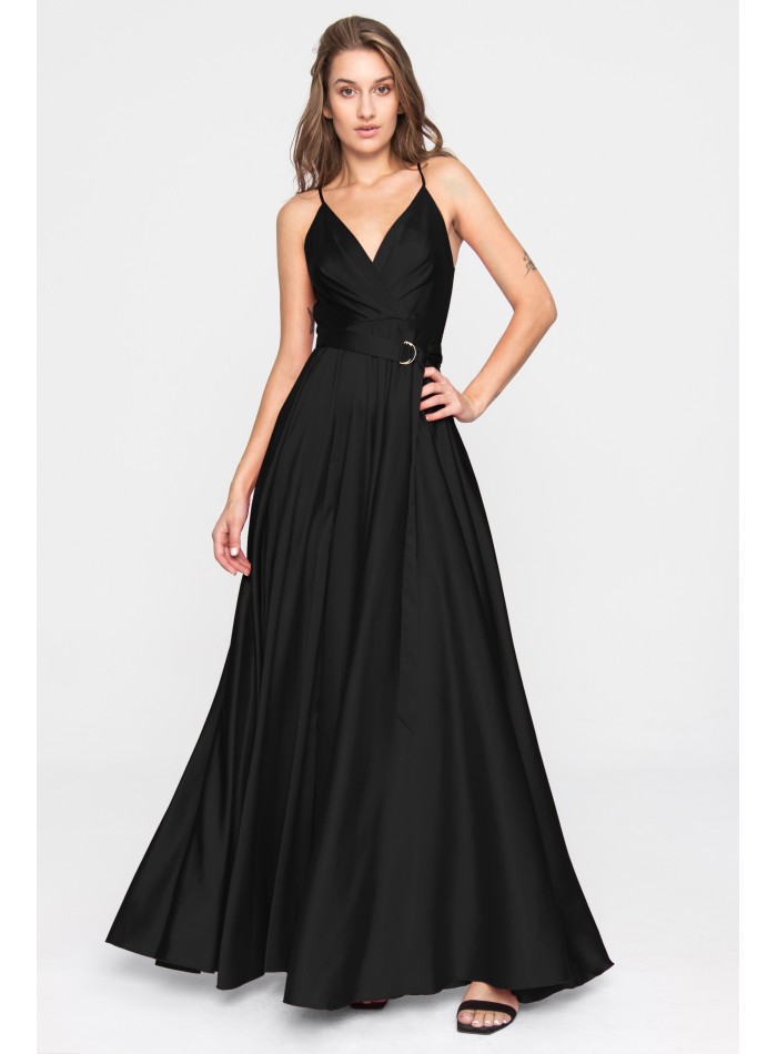 Robe longue de fête en satin avec décolleté en V et volant