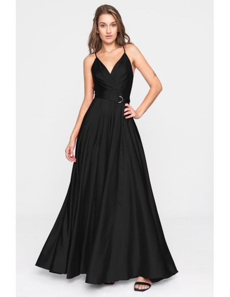 Robe longue de fête en satin avec décolleté en V et volant