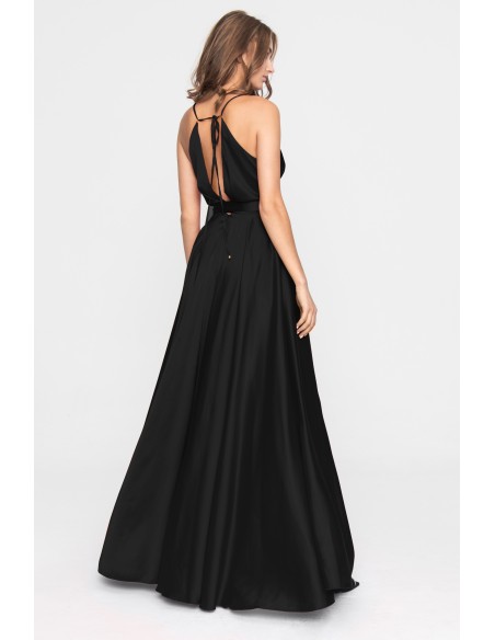 Robe longue de fête en satin avec décolleté en V et volant